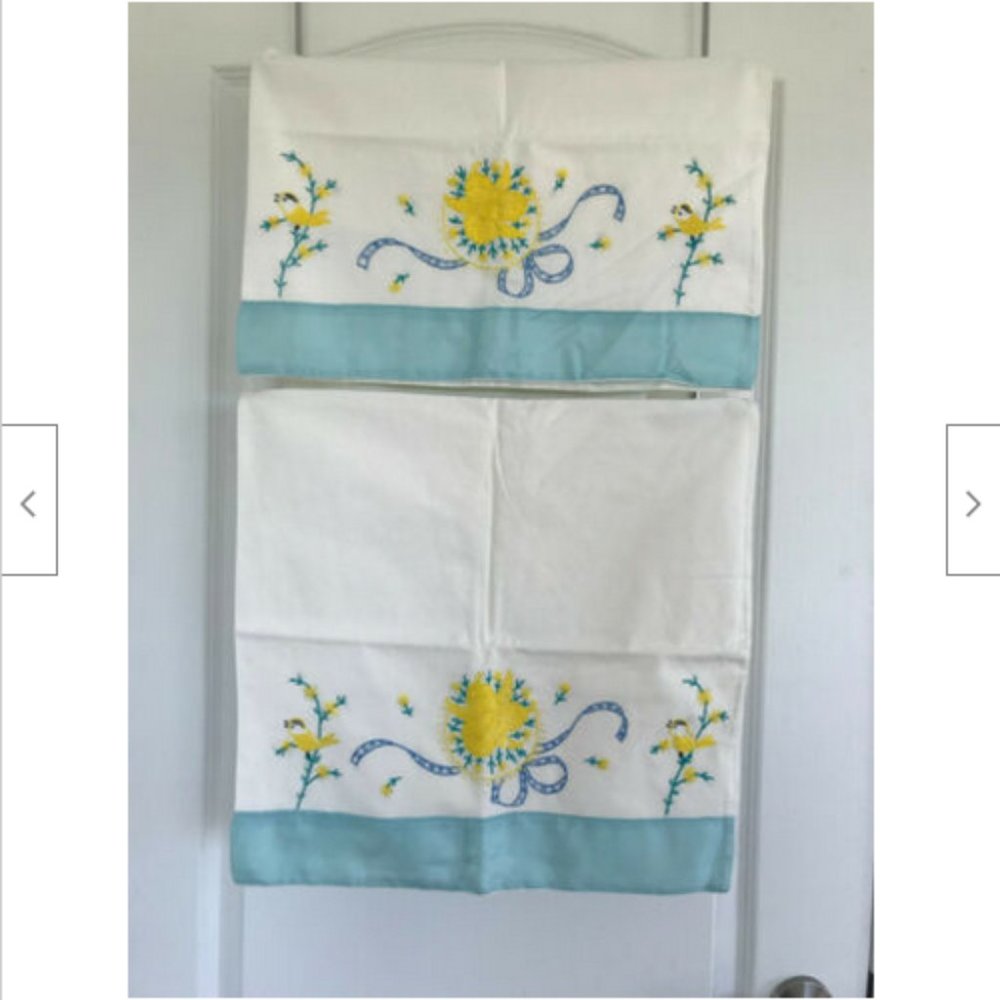 Hand Embroidered Pillowcases Yellow & Blue Flower & Bird Set of 2 Vintage 18x34